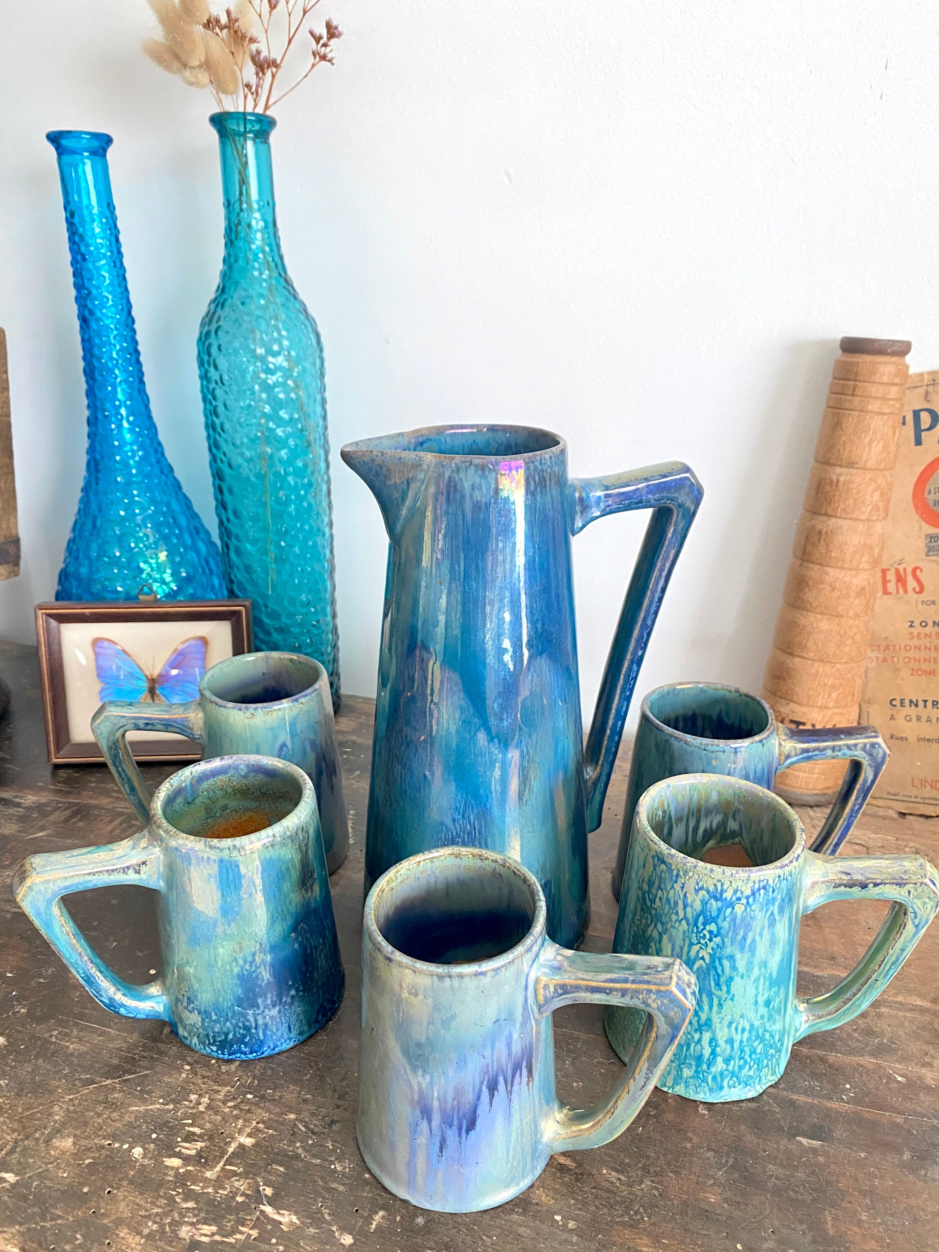 Pichet et tasses en grès rambervillers
