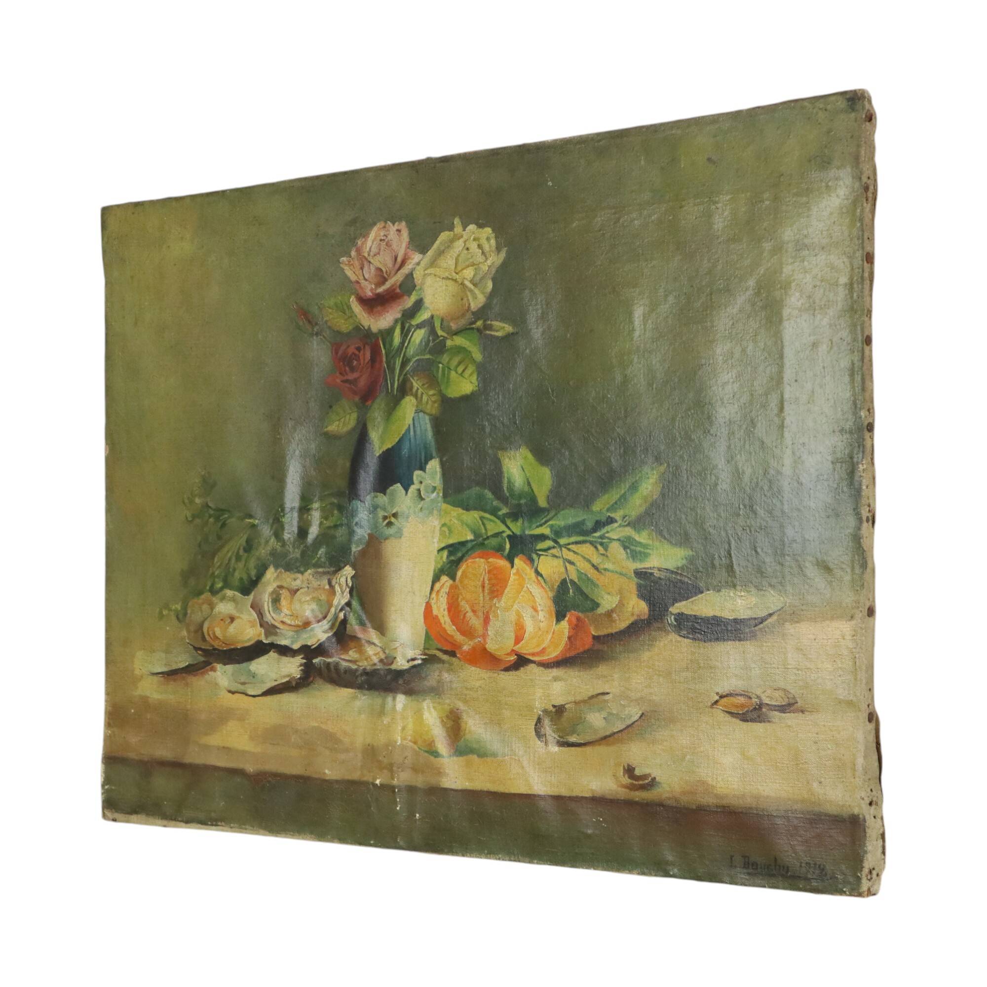 Antique French Painting Still Life Oil on Canvas Signed L. Bouchu 1912