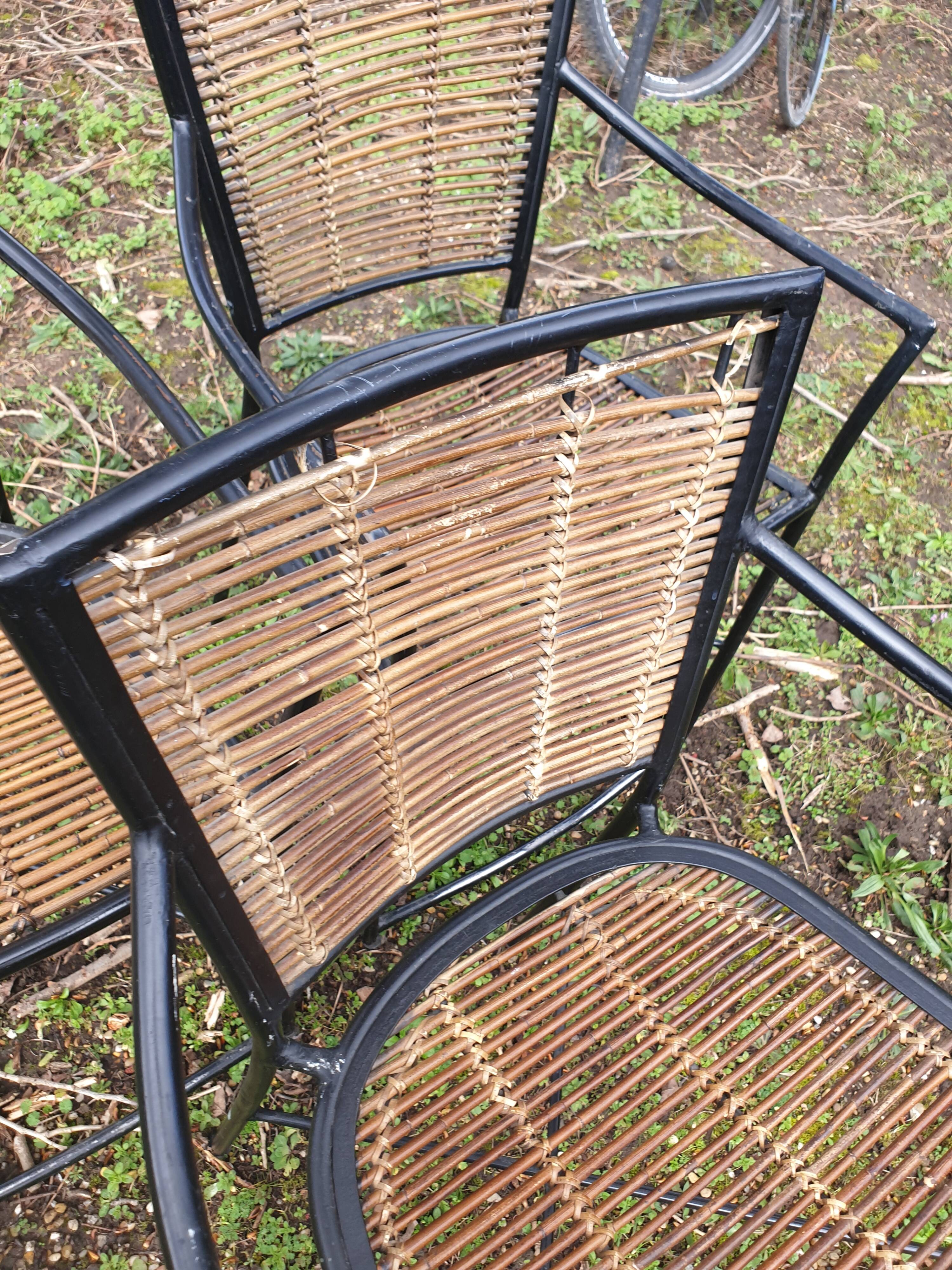 3 welded metal and rattan armchairs