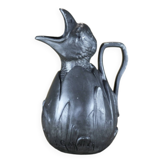 Pitcher signed Jean Garnier, chick pewter pitcher, zoomorphic pitcher, chick in its shell