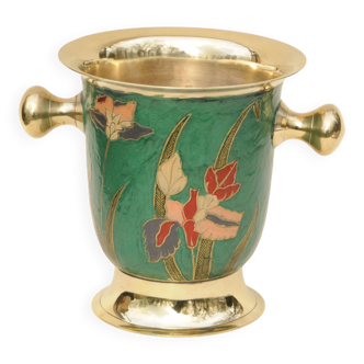 Champagne Bucket / Vintage Ice Bucket in Enamelled Brass with Flower Design
