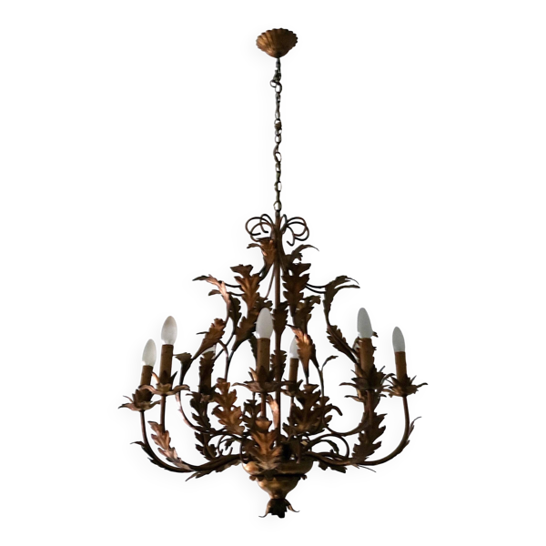 Lustre en tôle dorée à 8 lumières par Hans Kögl, années 1960 — Beyit