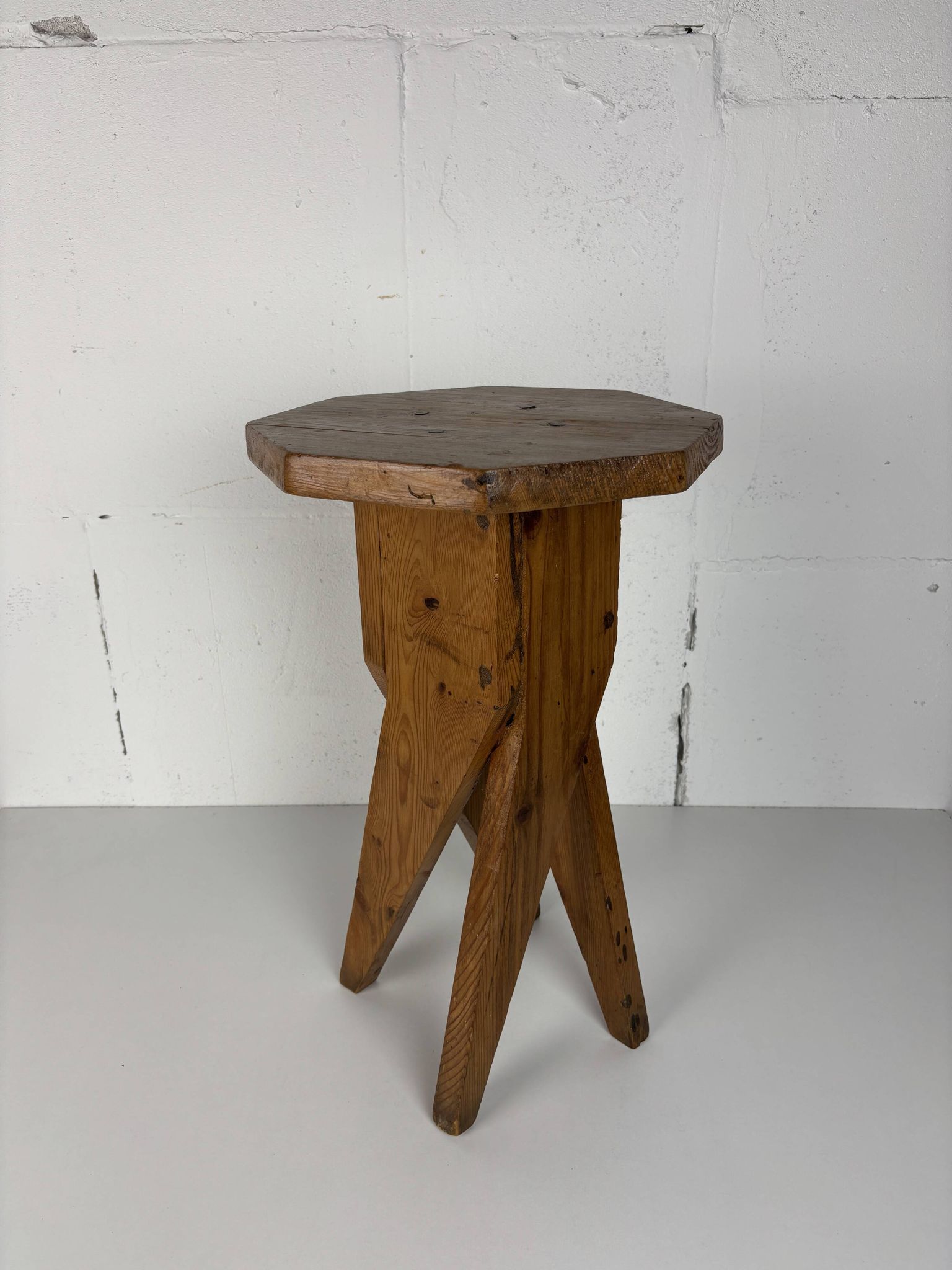 Midcentury brutalist artisanal rustic handcrafted stool, France 1960s
