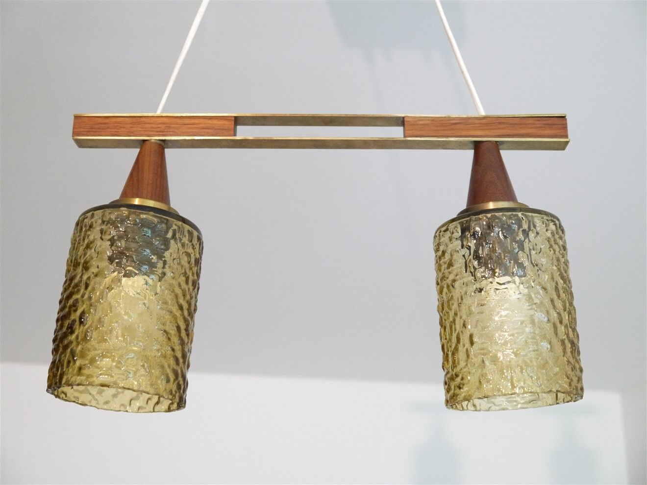 Scandinavian glass and teak pendant lamp 1960