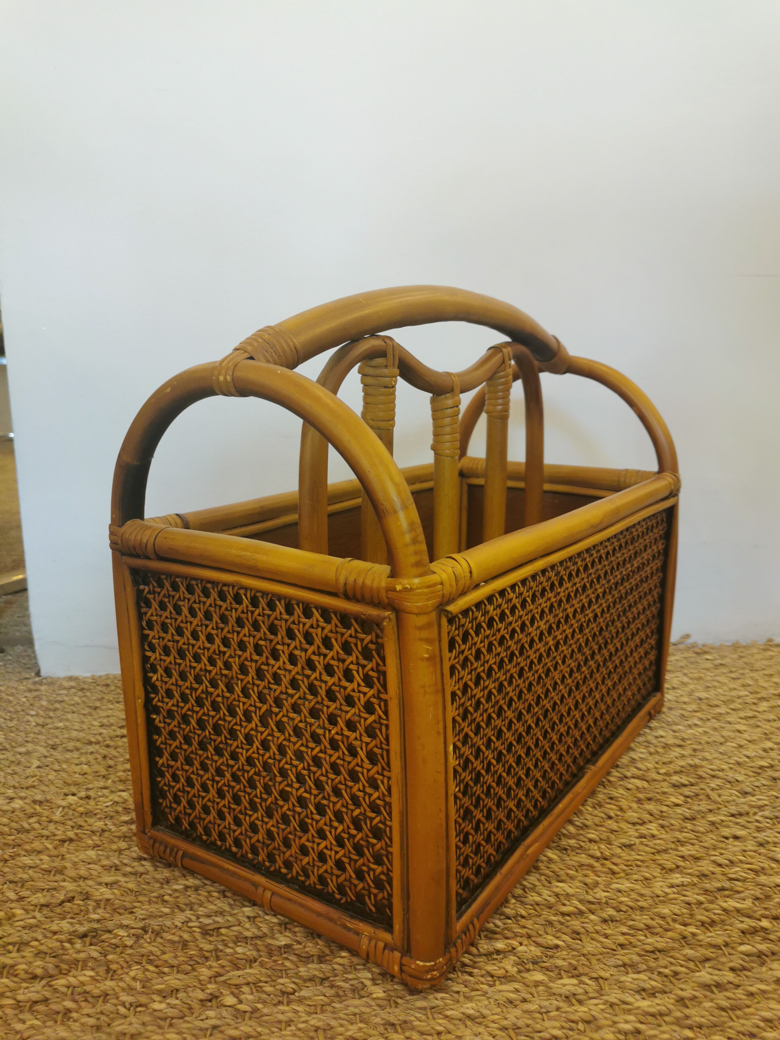 Vintage bamboo rattan and canning magazine holder