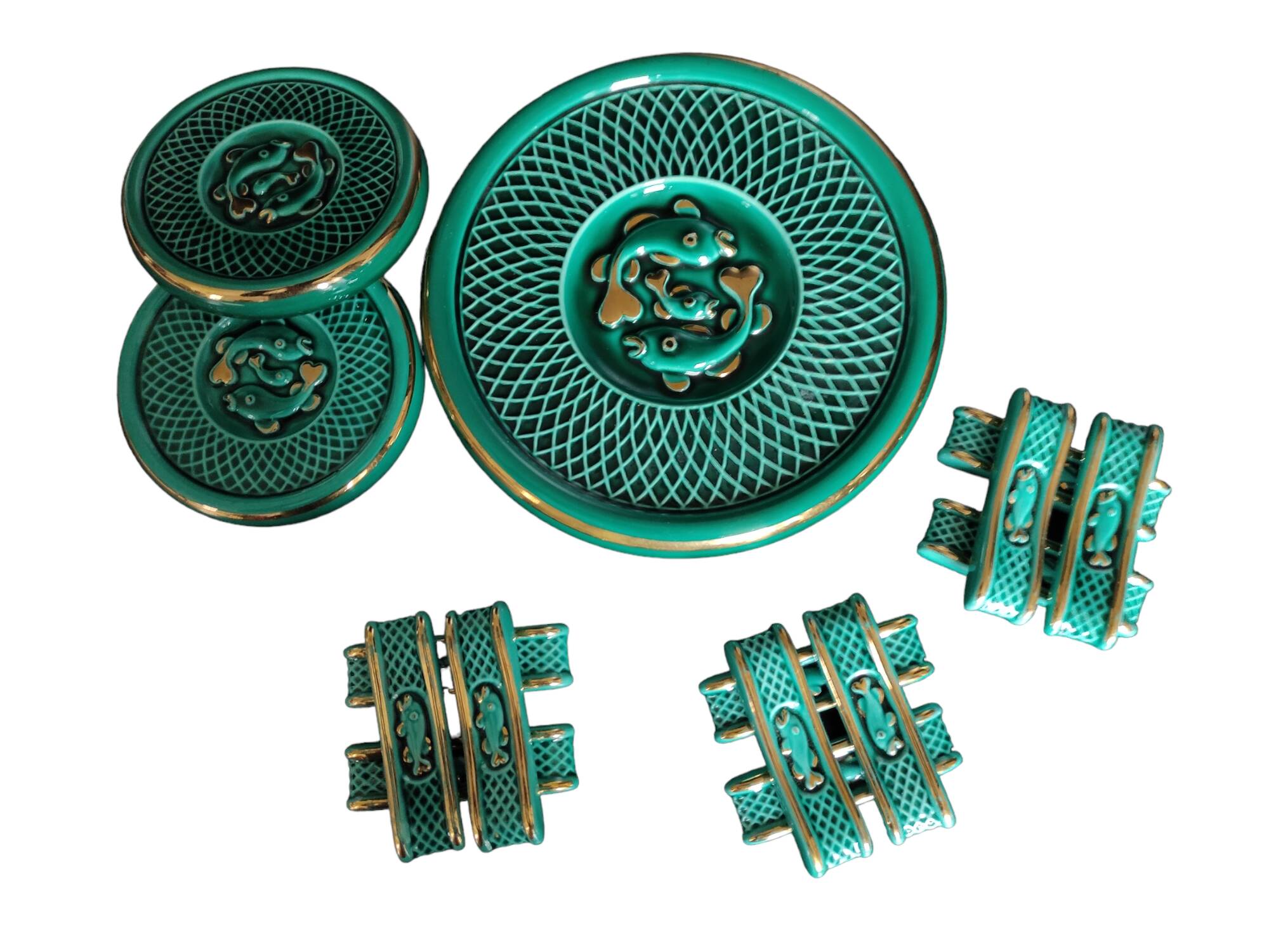 green ceramic trivet/bottle coaster/knife holder set