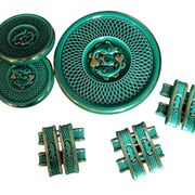 green ceramic trivet/bottle coaster/knife holder set
