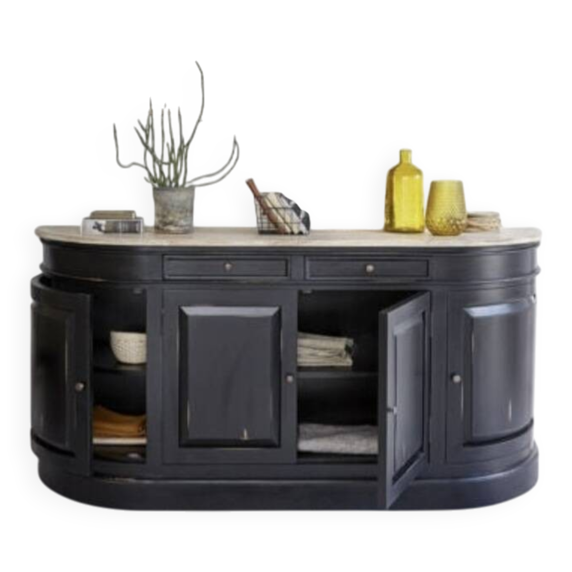 Black sideboard with curved sides and wooden top