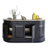 Black sideboard with curved sides and wooden top