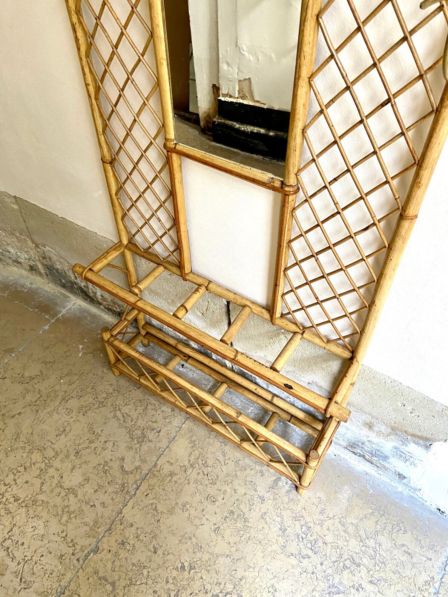 Wall-mounted coat rack with mirror and umbrella stand, 1950s-60s