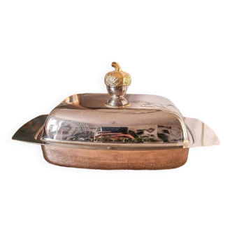 Silver metal butter dish, hazelnut handle