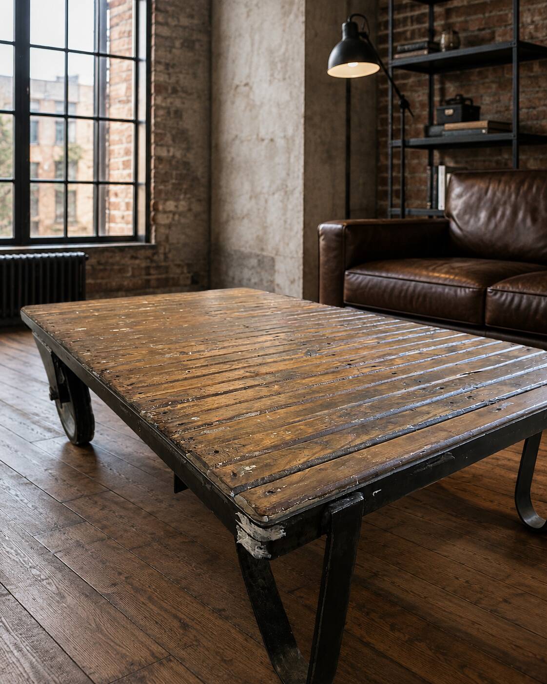 Industrial coffee table: mining cart, weathered wood top, quarries.