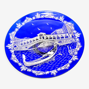 Assiette bleu cobalt dentelle émaillé vénitien gondole pont de Rialto sanzogno