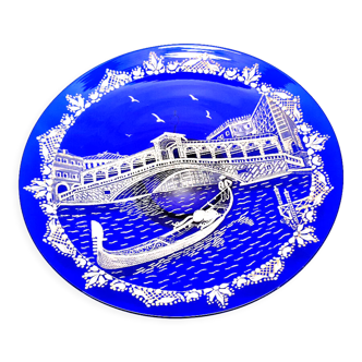 Plate blue cobalt lace enamelled venetian gondola bridge by Rialto sanzogno