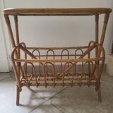 Porte-revues, table d'appoint en bambou et verre