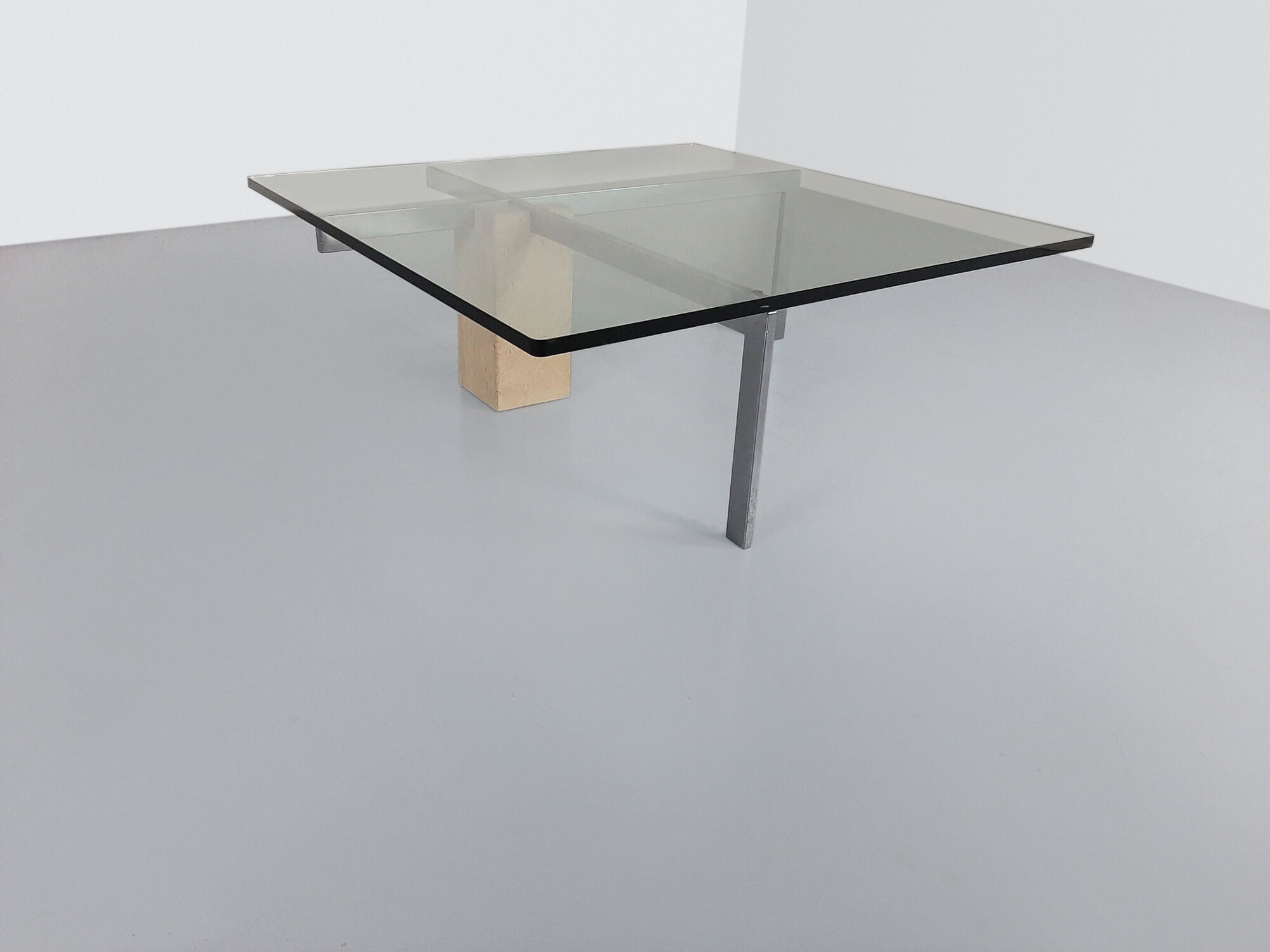 KW-1 glass and travertine coffee table by Hank Kwint for Metaform 1980s