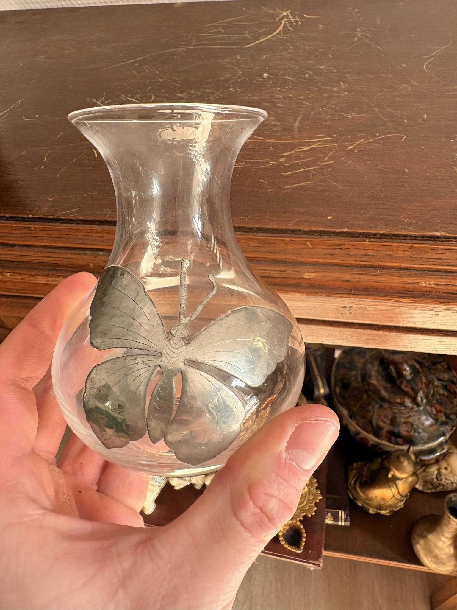 Art Nouveau Silver Butterfly Soliflore Vase Naturalistic Blown Glass