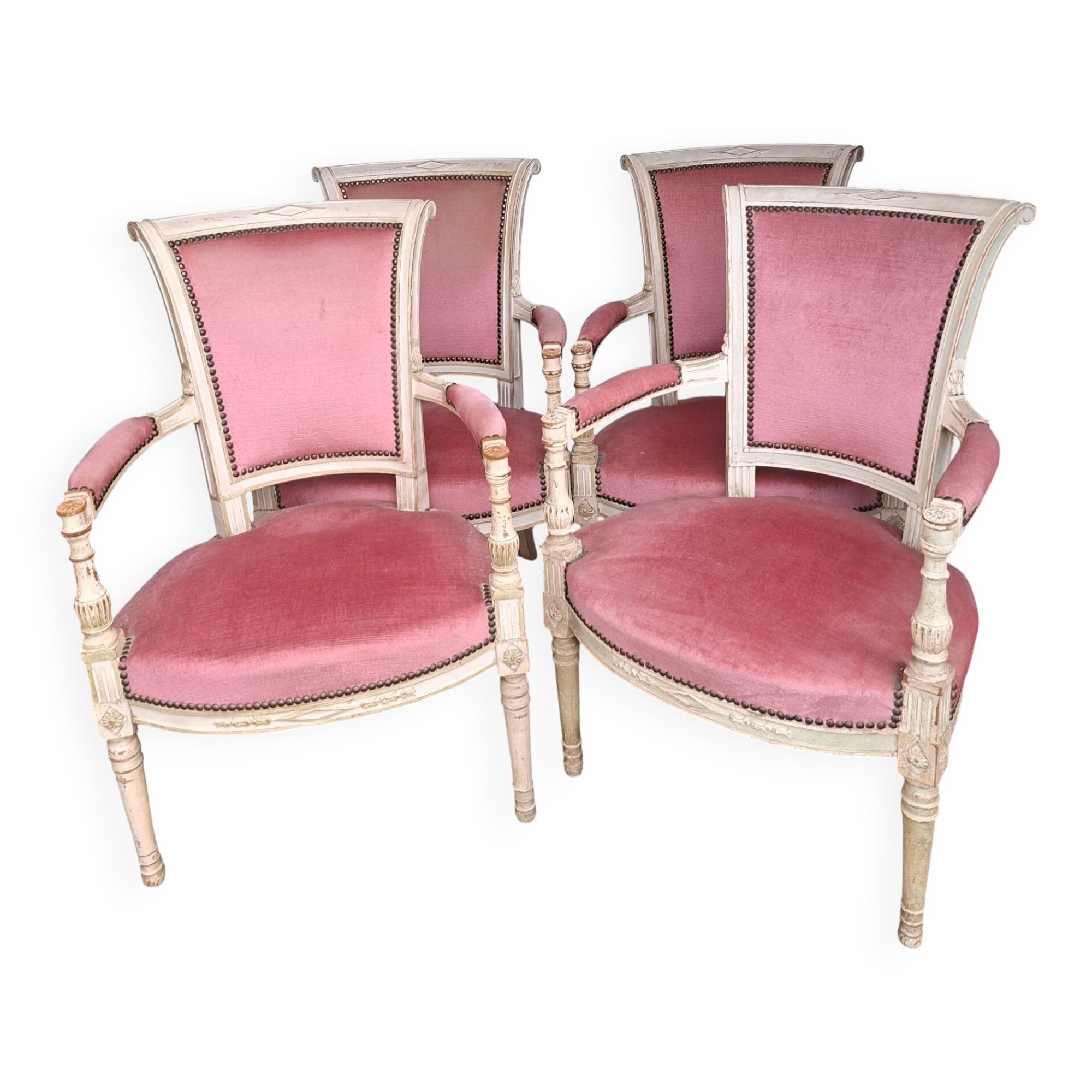 4 fauteuils Directoire en velours rose