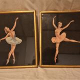 Two ballerinas, silhouettes of dancers, collages vintage under gold frame