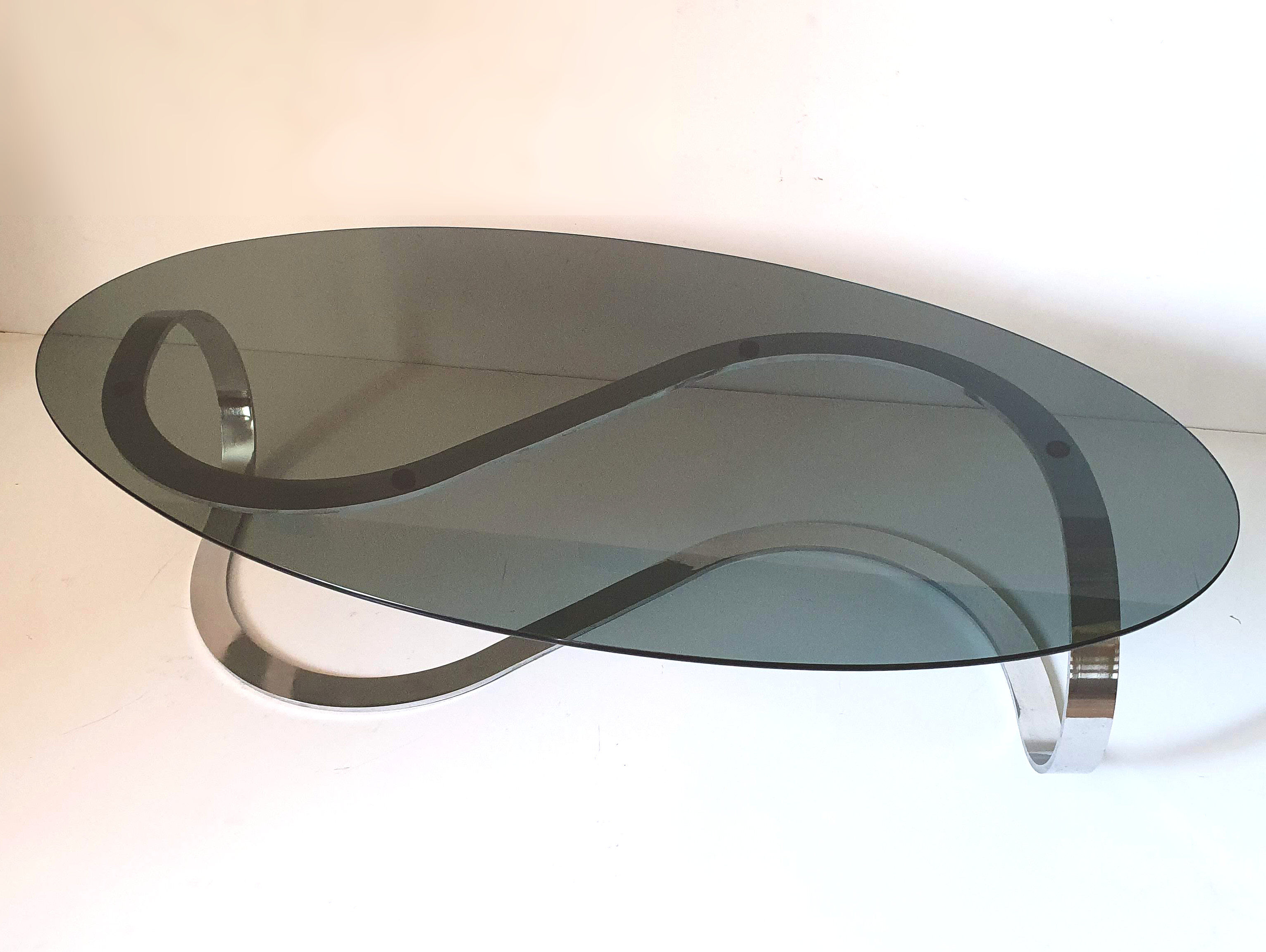 Oval coffee table chrome metal and smoked glass 70s