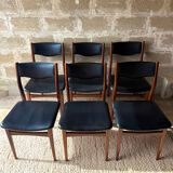 Scandinavian teak chairs, black faux leather (x6)