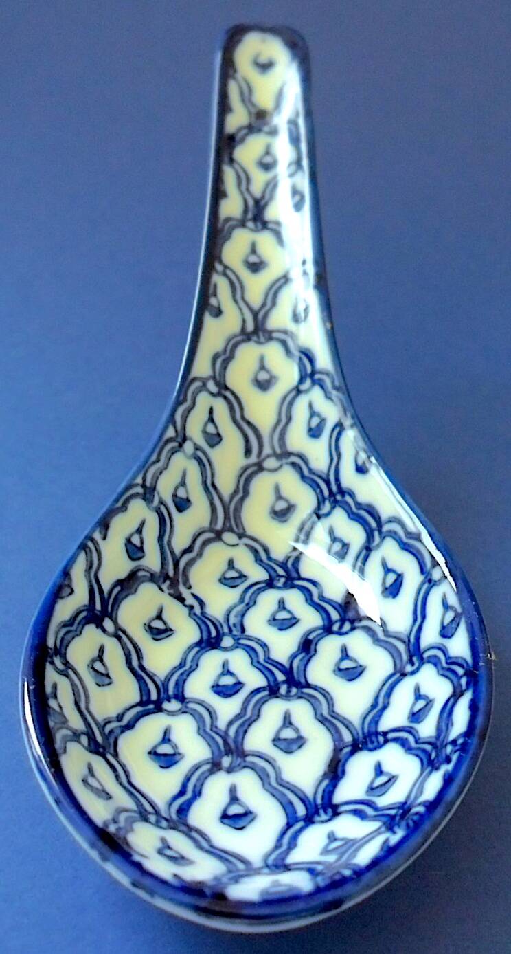 Set of six (6) soup spoons in white-blue porcelain from China