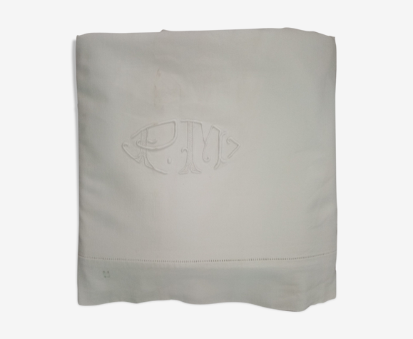 Drap ancien brodé monogramme PM drap coton 265 x 200 cm