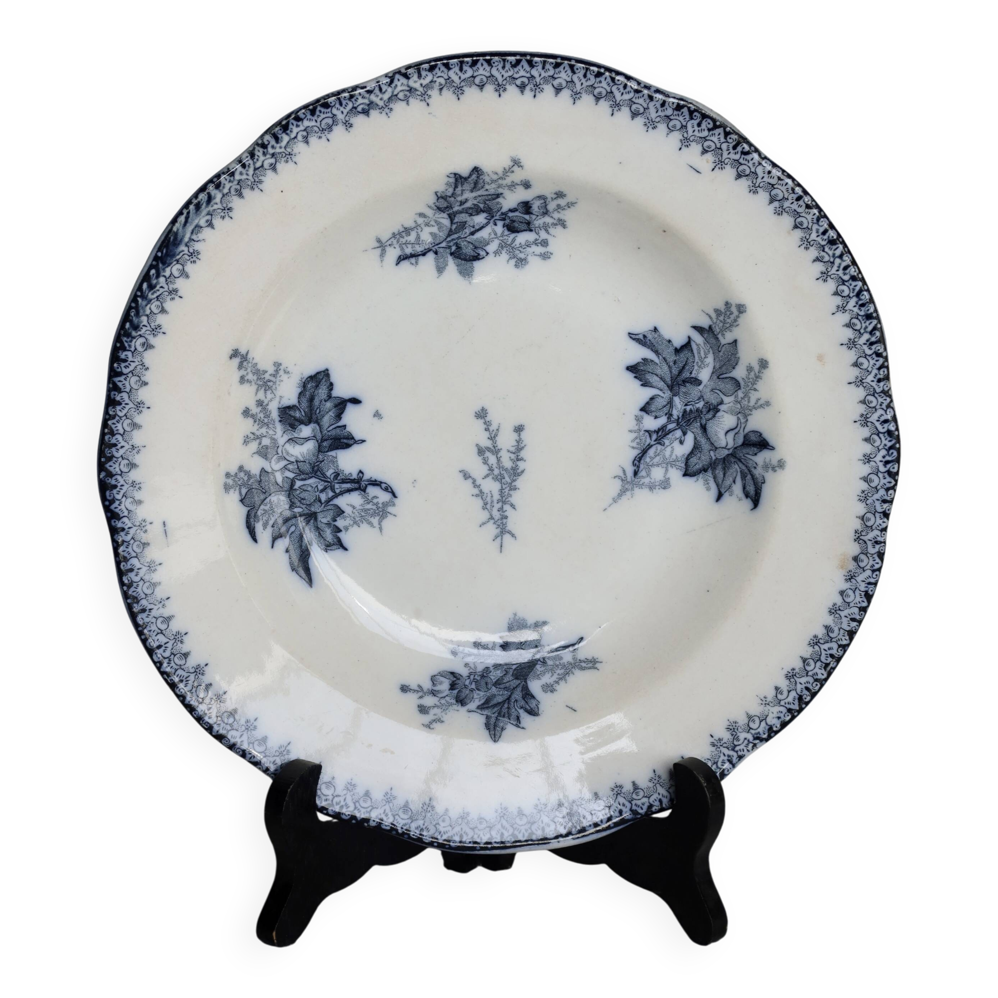 Antique hollow plate in Onnaing ironstone – Blue floral decoration