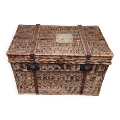 Ancienne malle de voyage Vintage en rotin osier des années 1900
