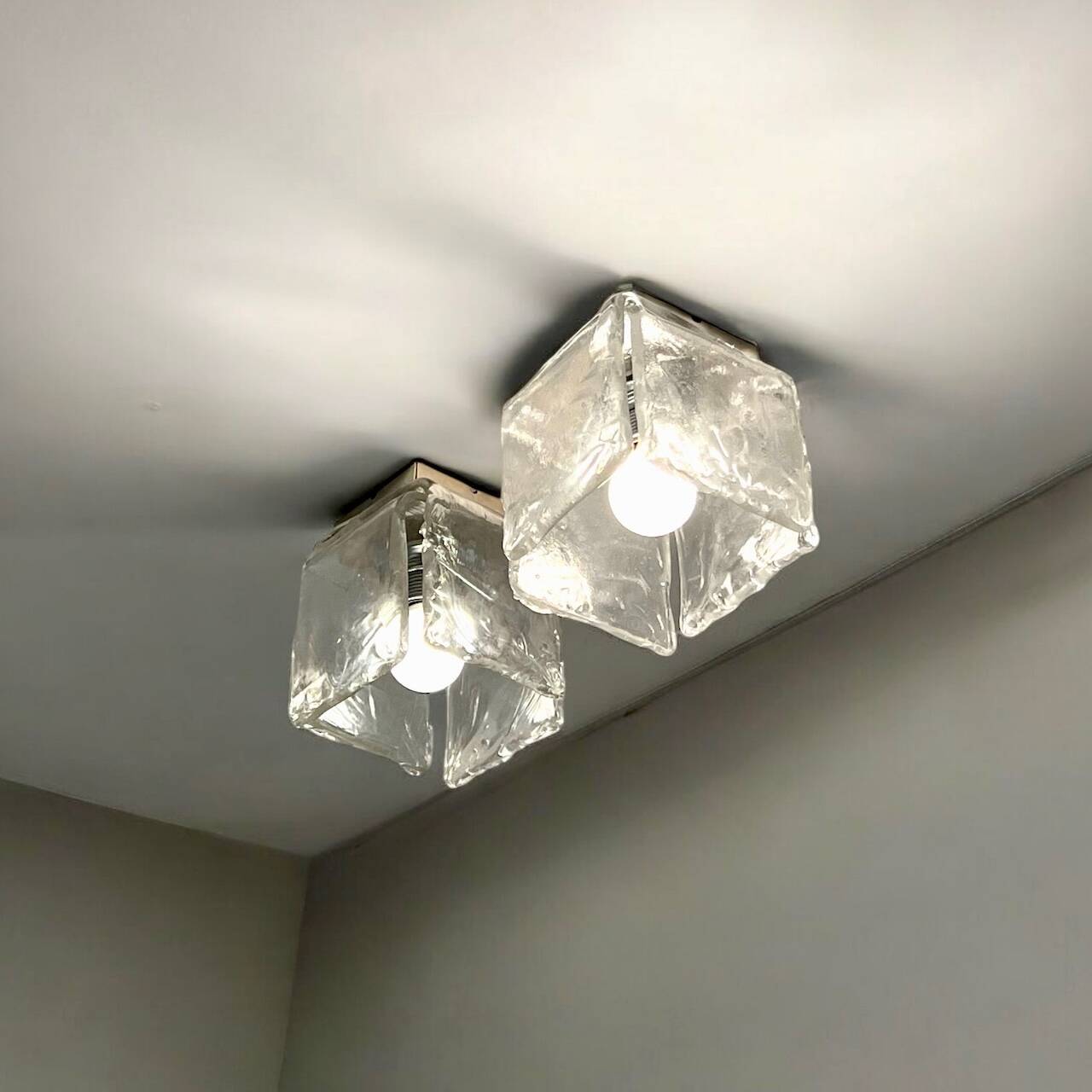 Vintage 70s Handmade Murano Ice Glass Wall or Ceiling Lamps by Toso