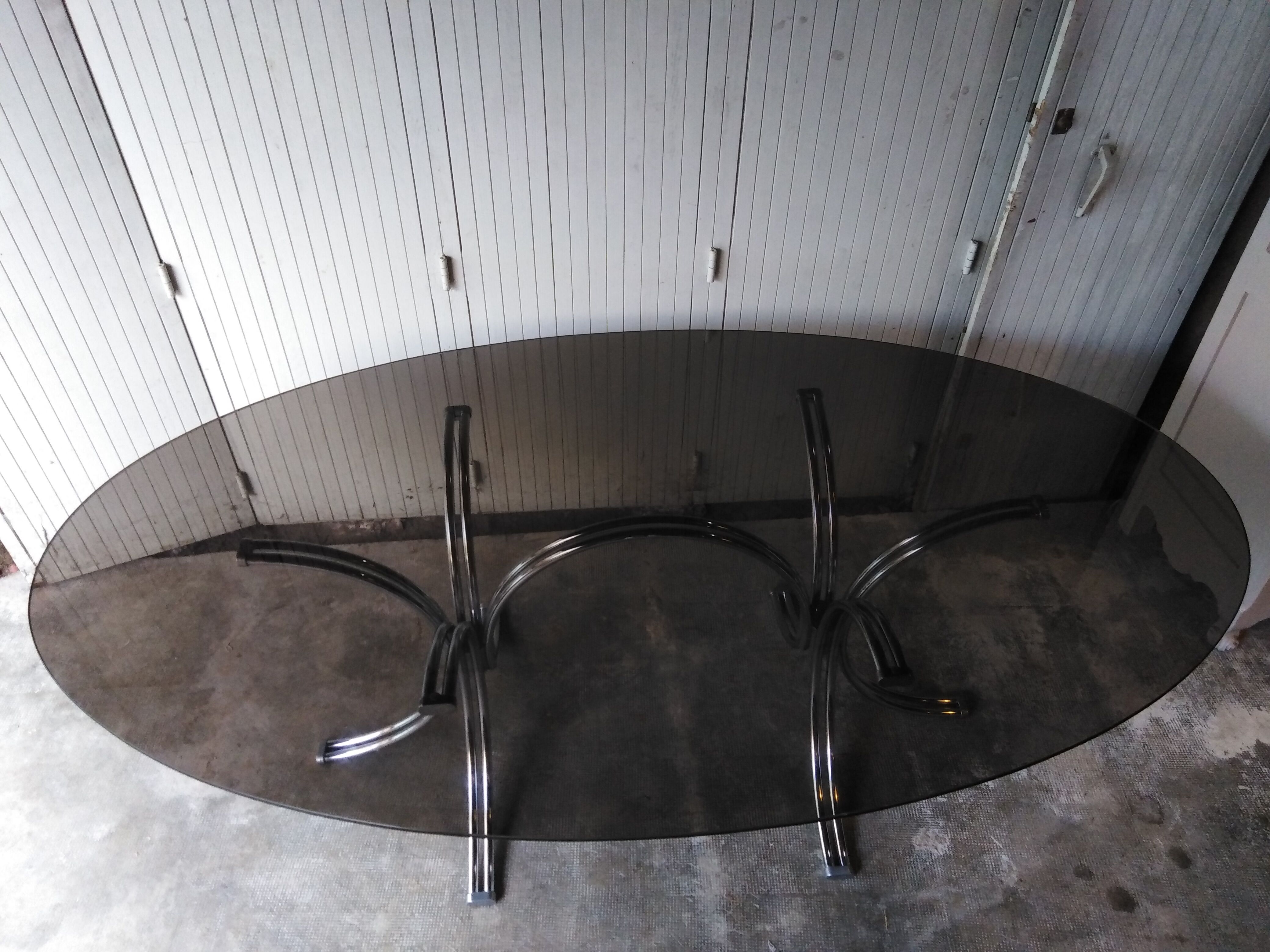 Large table Roche Bobois 1970 glass and chrome 8 pers