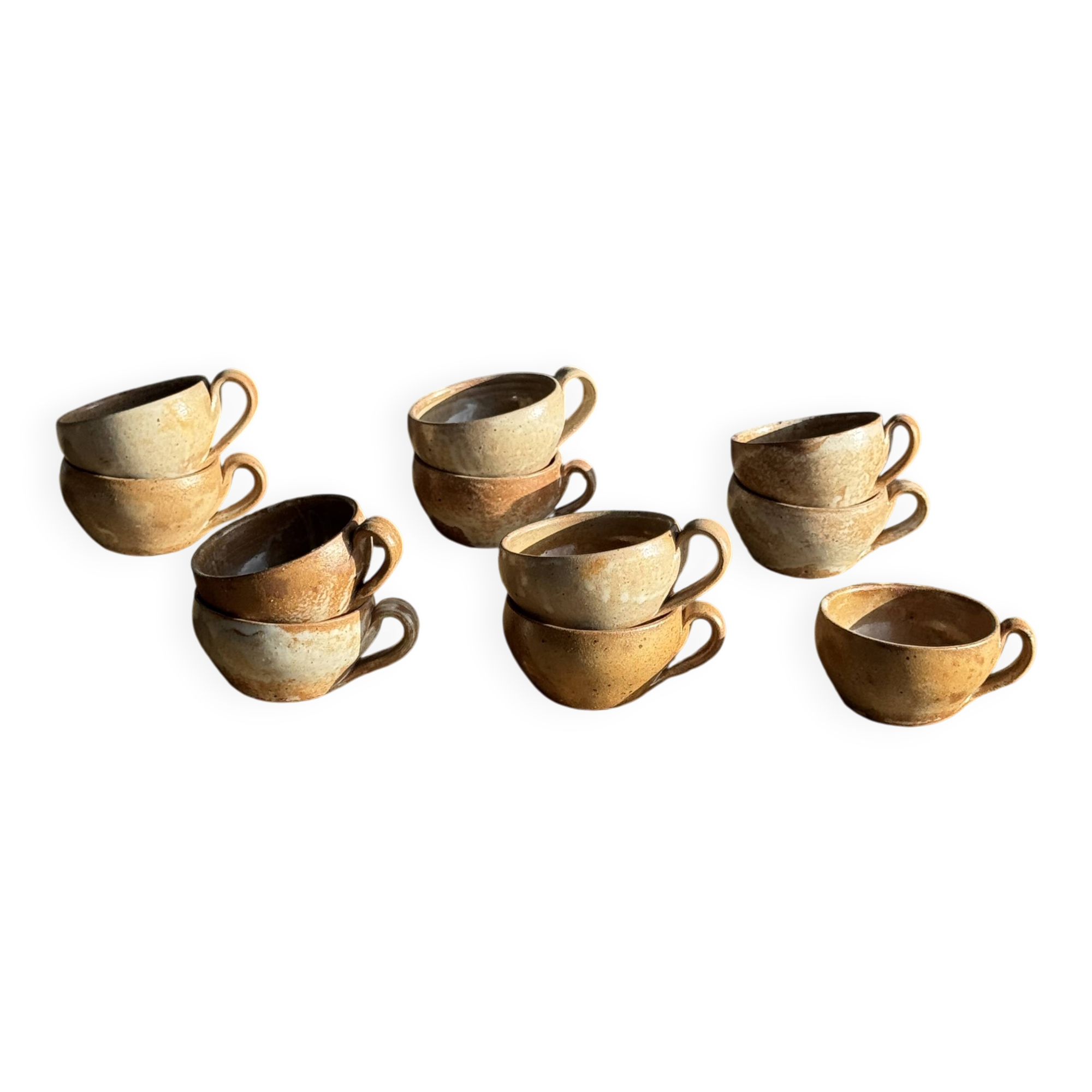 Set of 11 vintage coffee cups, raw matte stoneware H11