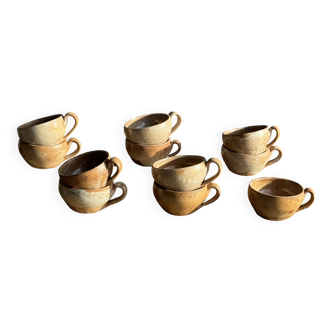 Set of 11 vintage coffee cups, raw matte stoneware H11