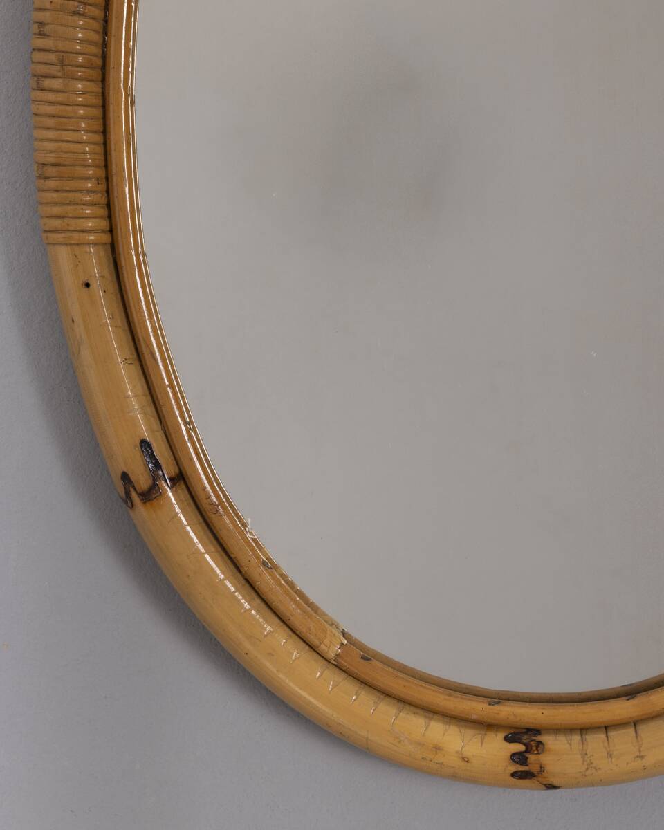 Vintage 1960s Italian design oval bamboo wall mirror