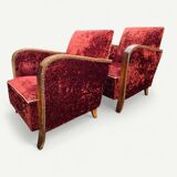Pair of Art Deco club armchairs in burgundy red velvet, 1930s