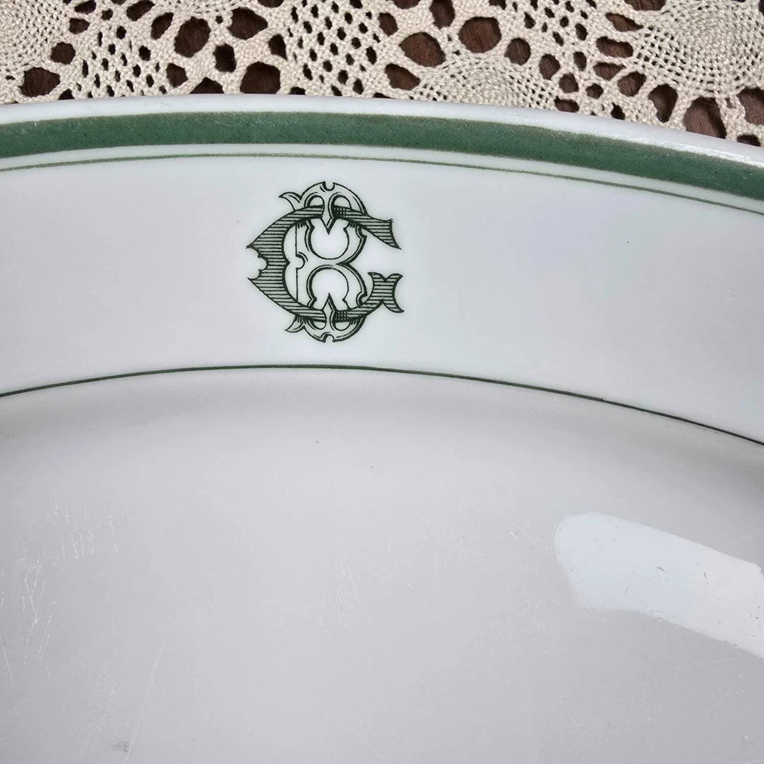 Antique oval dish Mehun France – White porcelain with green trim
