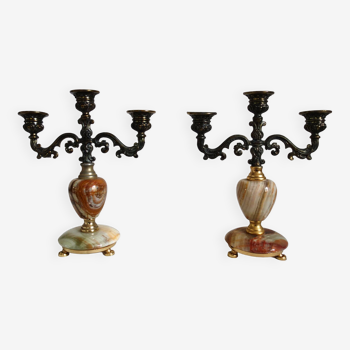 Pair of vintage onyx brass candlesticks