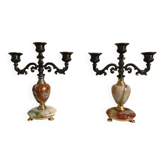 Pair of vintage onyx brass candlesticks