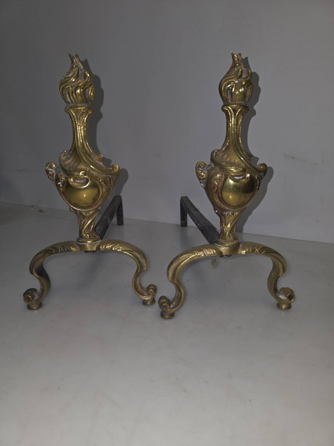 Pair of andirons for the fireplace in bronze louis xv style