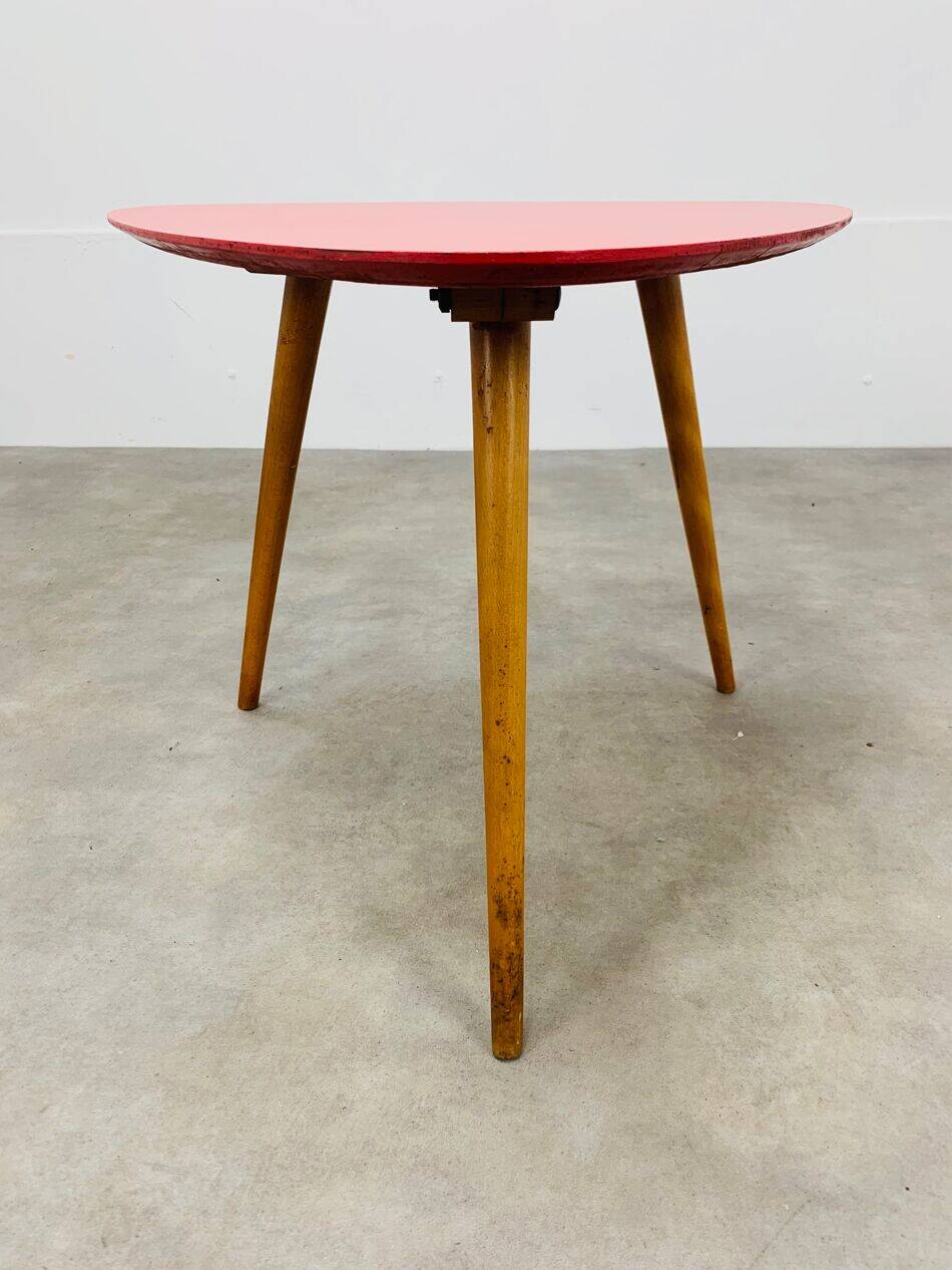 Steiner tripod side table by Baumann, wood, red top, 60s
