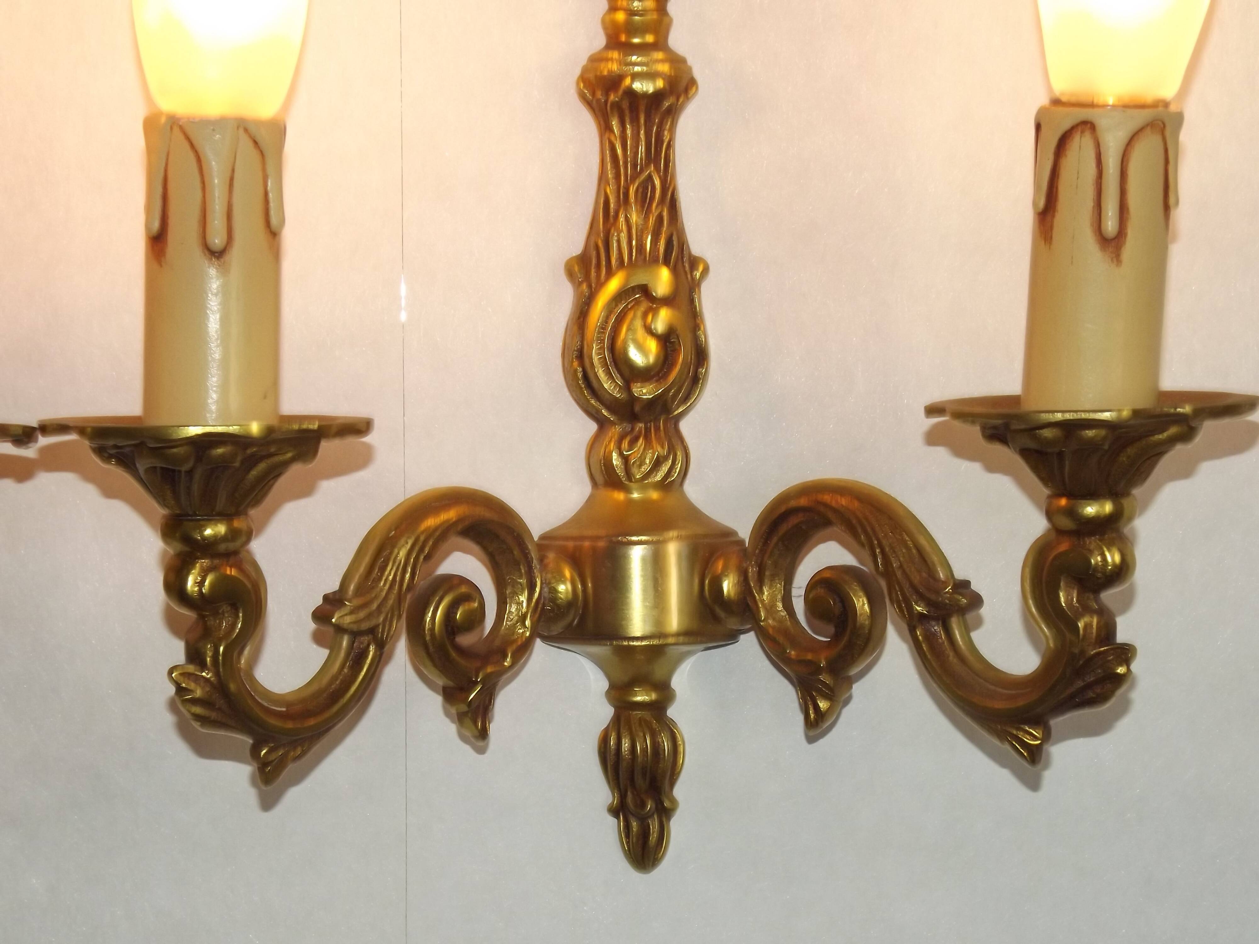 Pair of French Traditional Style Bronze Mid Century Double Wall Lights