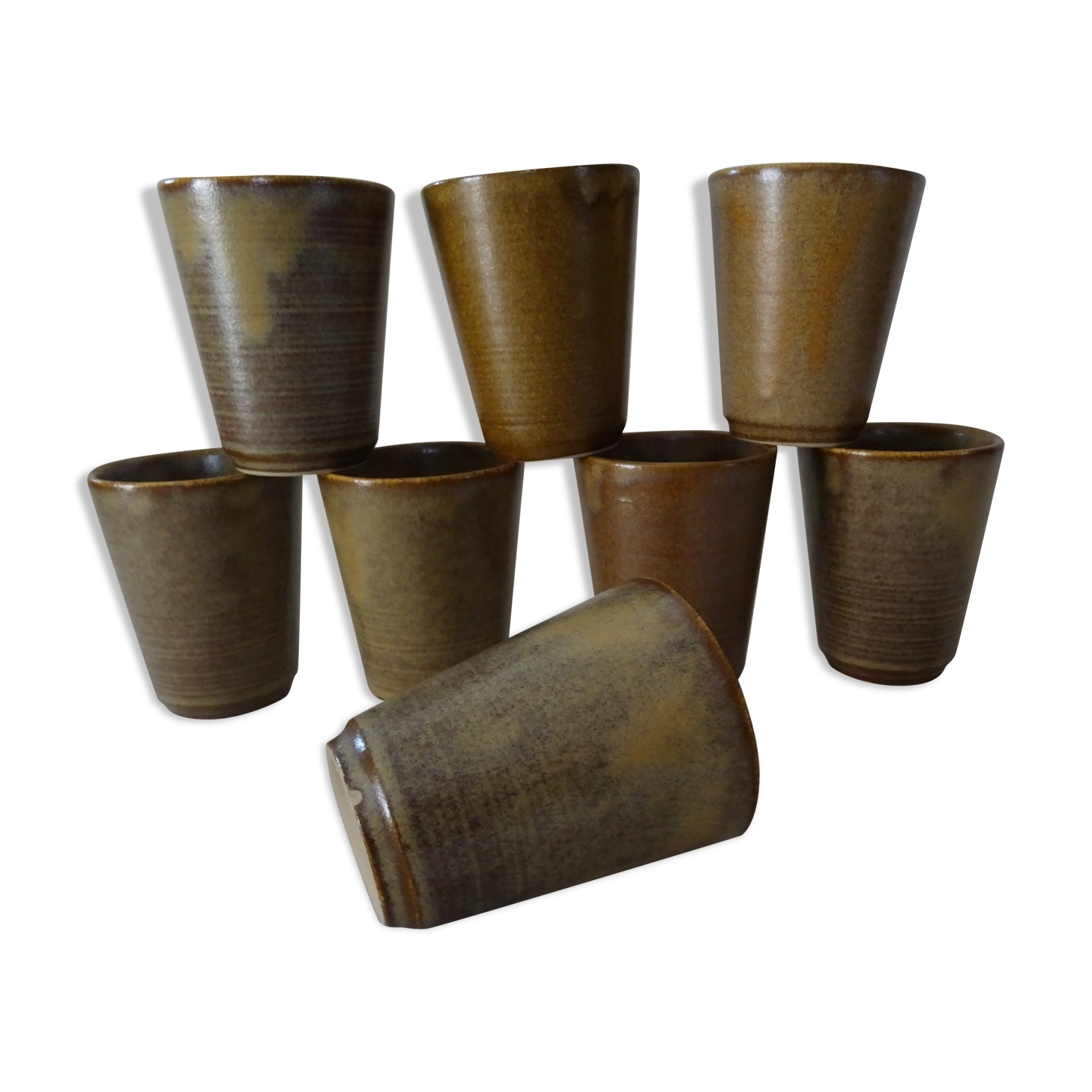 Lot 8 glasses sandstone cups stamped Digoin mug vintage cup