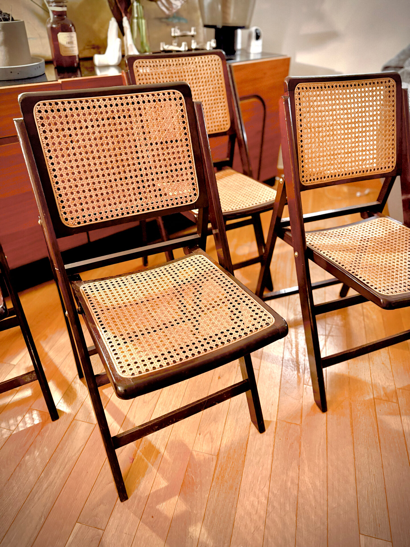vintage wooden folding chairs with caning