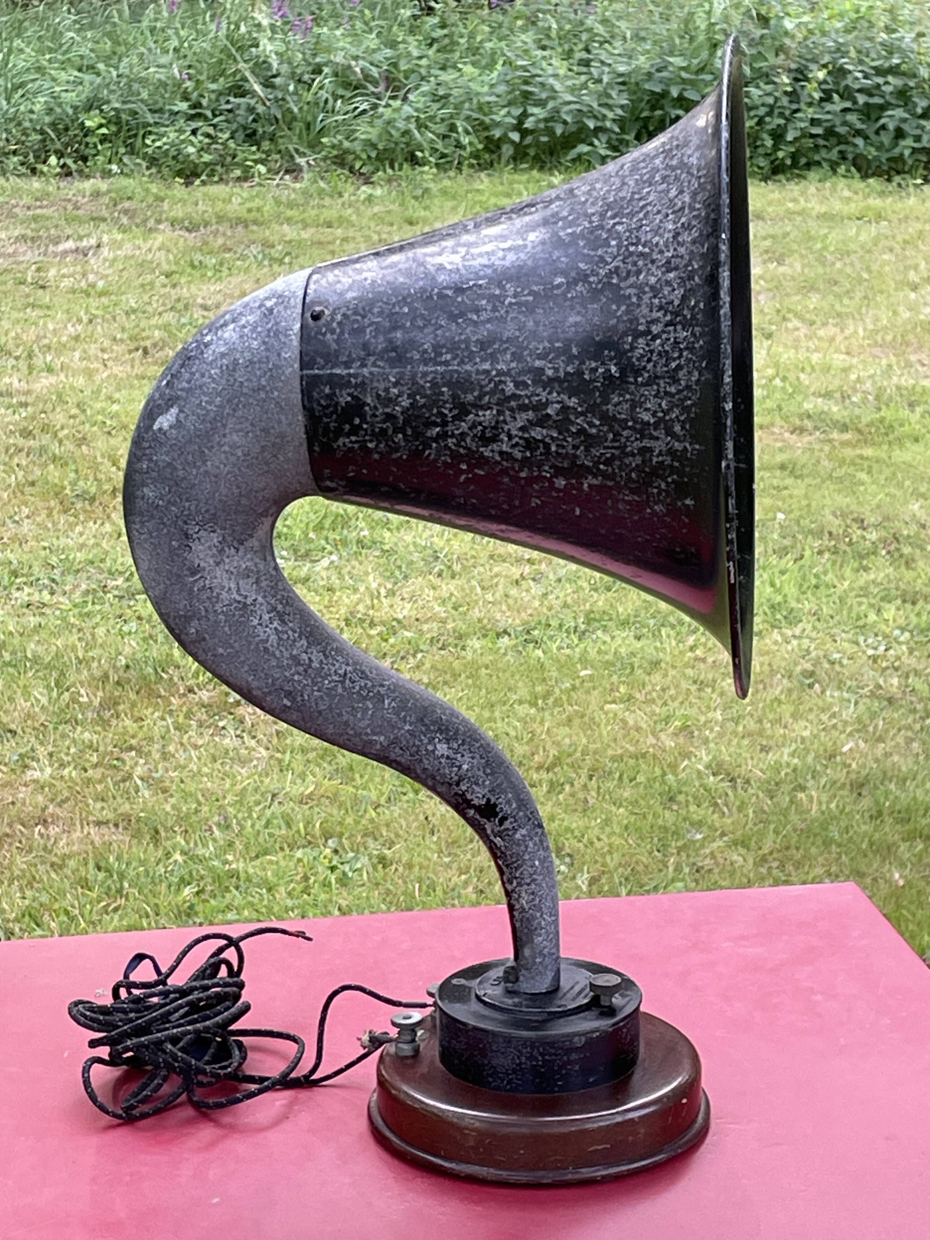 Brown, antique speaker, aluminum horn and wood, gooseneck