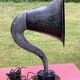 Brown, antique speaker, aluminum horn and wood, gooseneck
