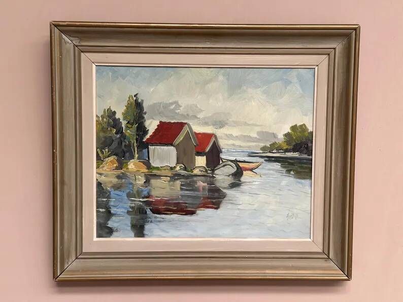 Original Swedish Oil on Canvas – "Houses and Trees", Unknown Artist – Signed, Vintage and Framed – 53.5 x 46 cm (21 x 18 inches)