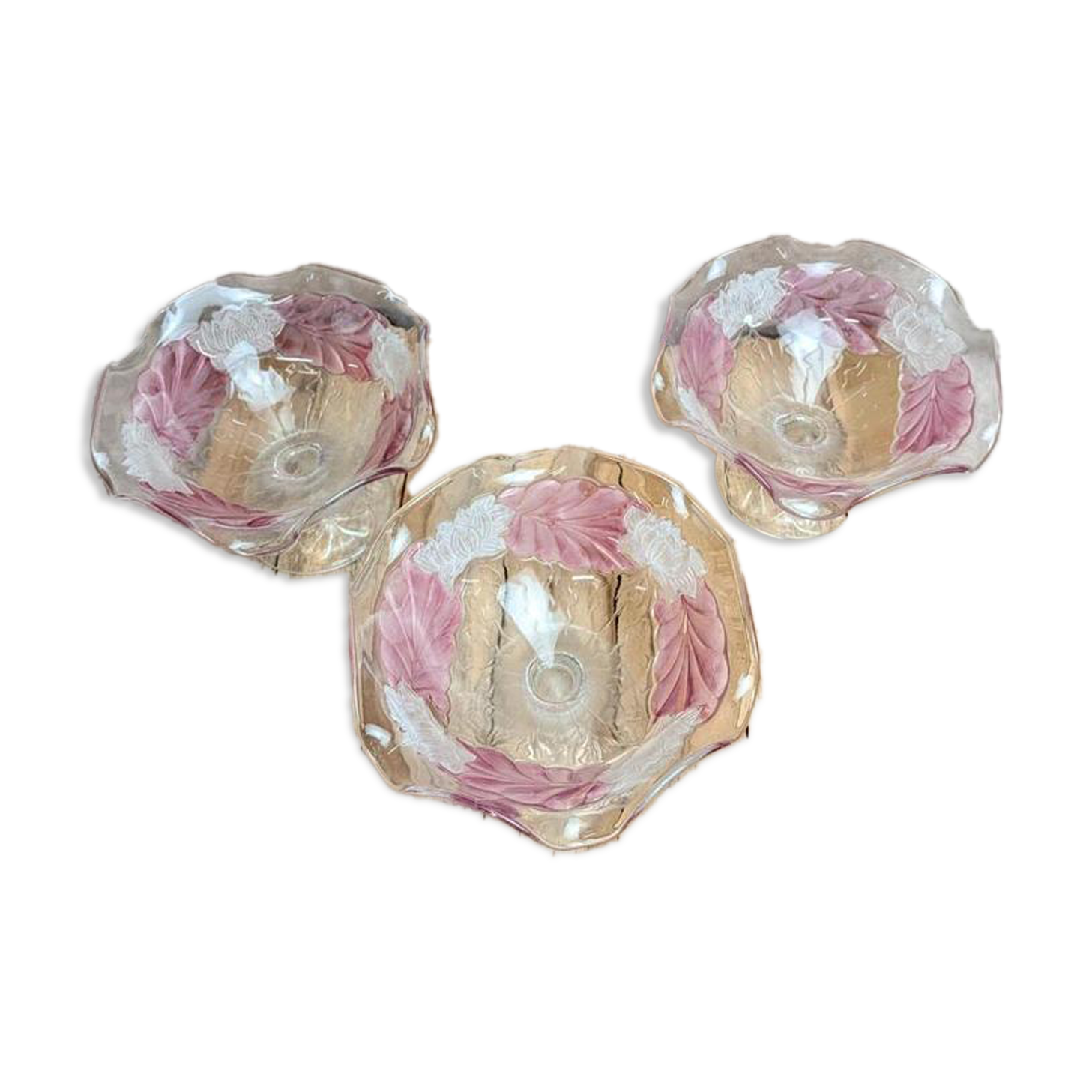 Set of 3 vintage pressed glass bowls with pink floral decoration.