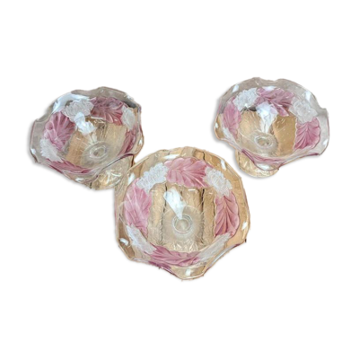 Lot de 3 coupes vintage en verre pressé décor floral rose