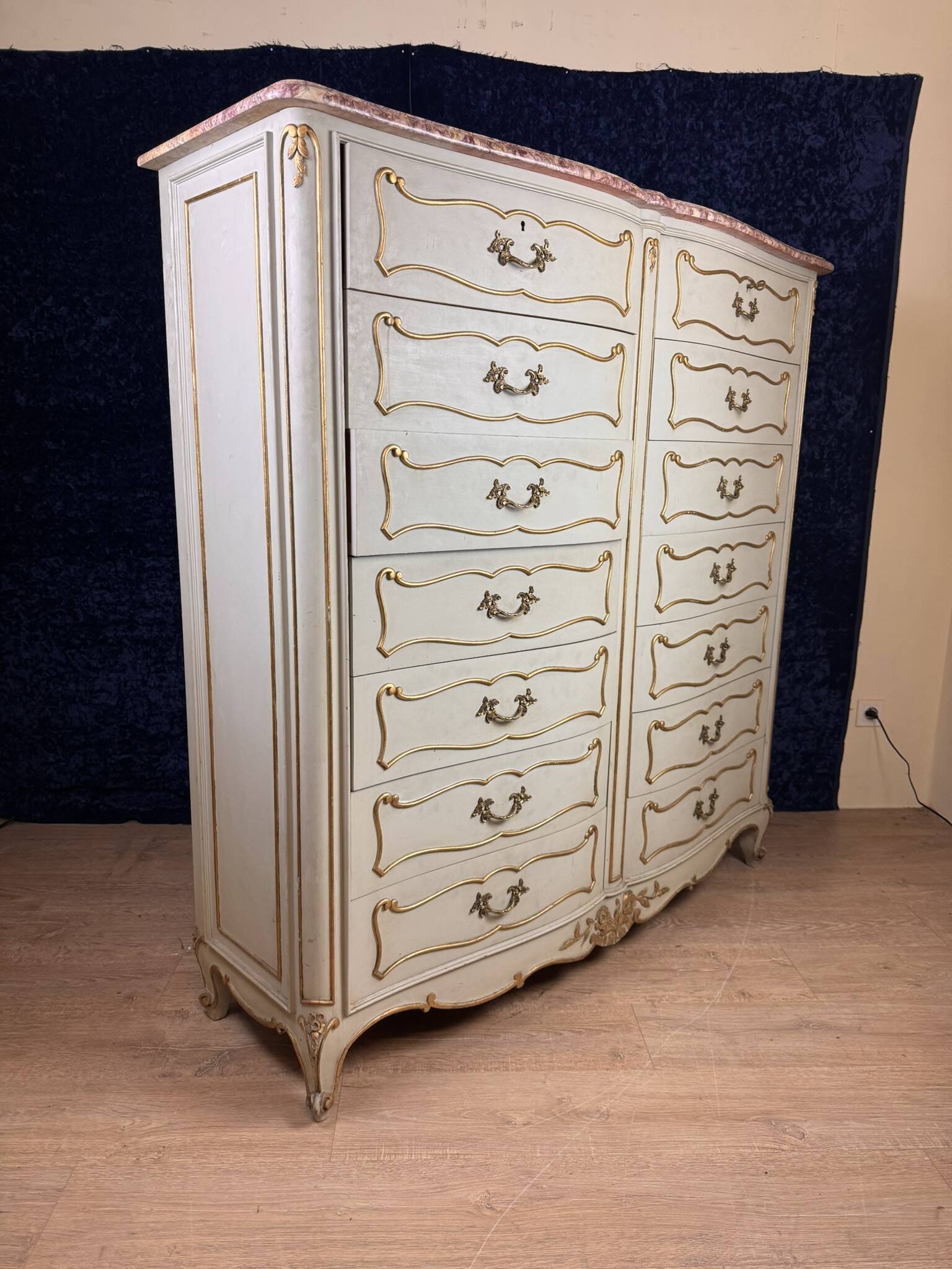 Louis XV style double row crossbow chest of drawers in lacquered and gilded wood circa 1900