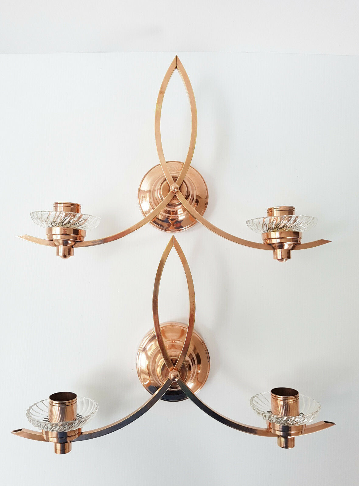 Pair of vintage 1950 copper & glass wall lamps